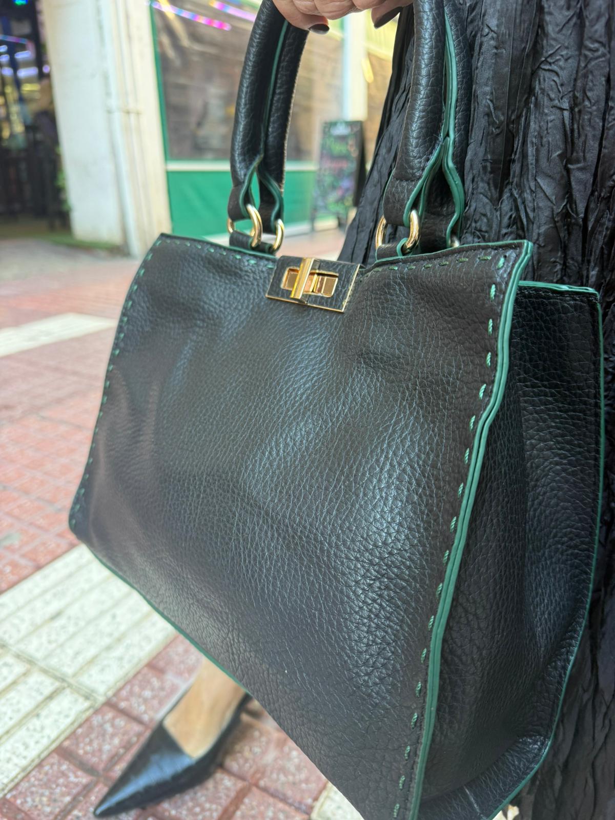 Bolso de Mano Elegante Piel Vegana - Negro y Verde