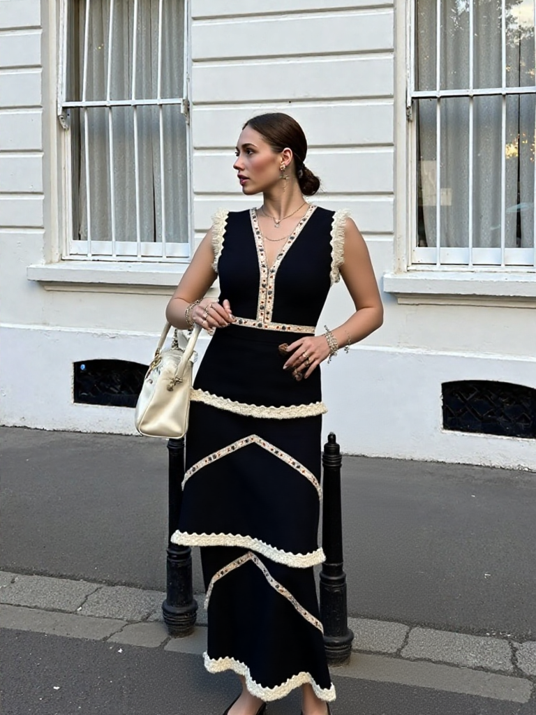 Conjunto top y Falda Midi Negro con Flecos y Bordado Artesanal