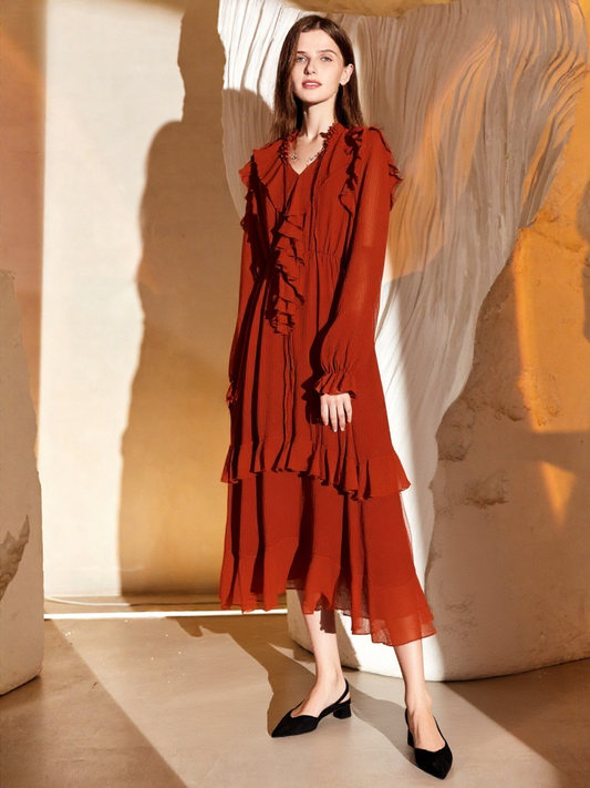 Vestido Midi Volantes con Elástico en la Cintura