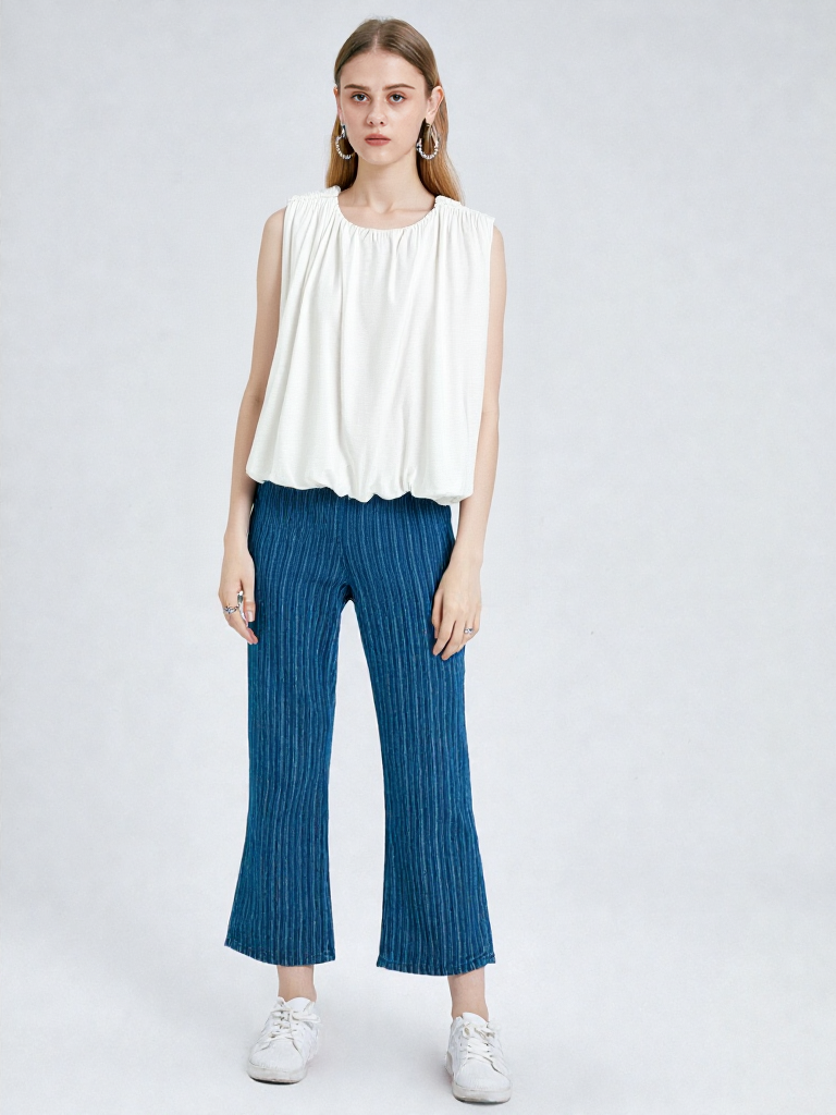 Blusa Blanca Fruncida con Elástico en Cintura
