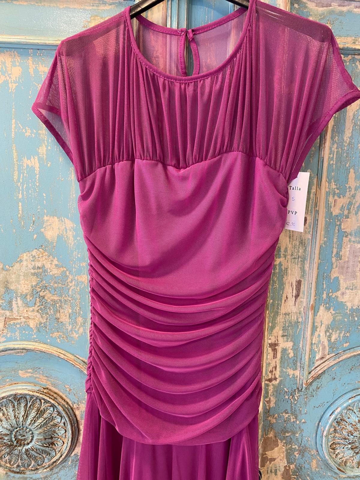 Vestido tul liso escote transparente drapeado cintura DONDOLA