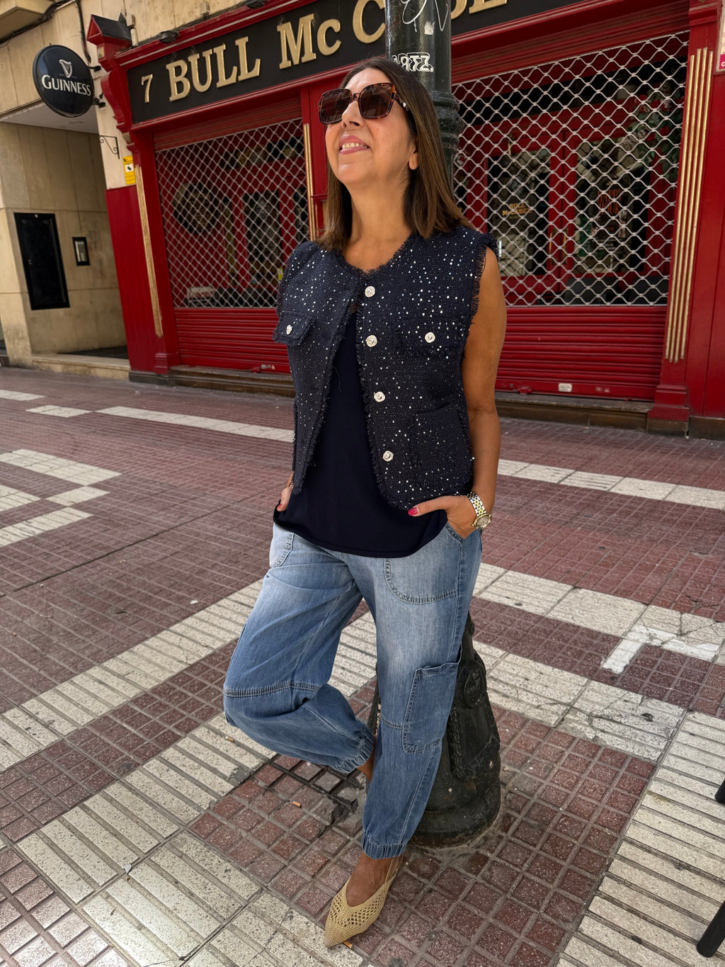 Chaleco tweed marino lentejuelas DONDOLA