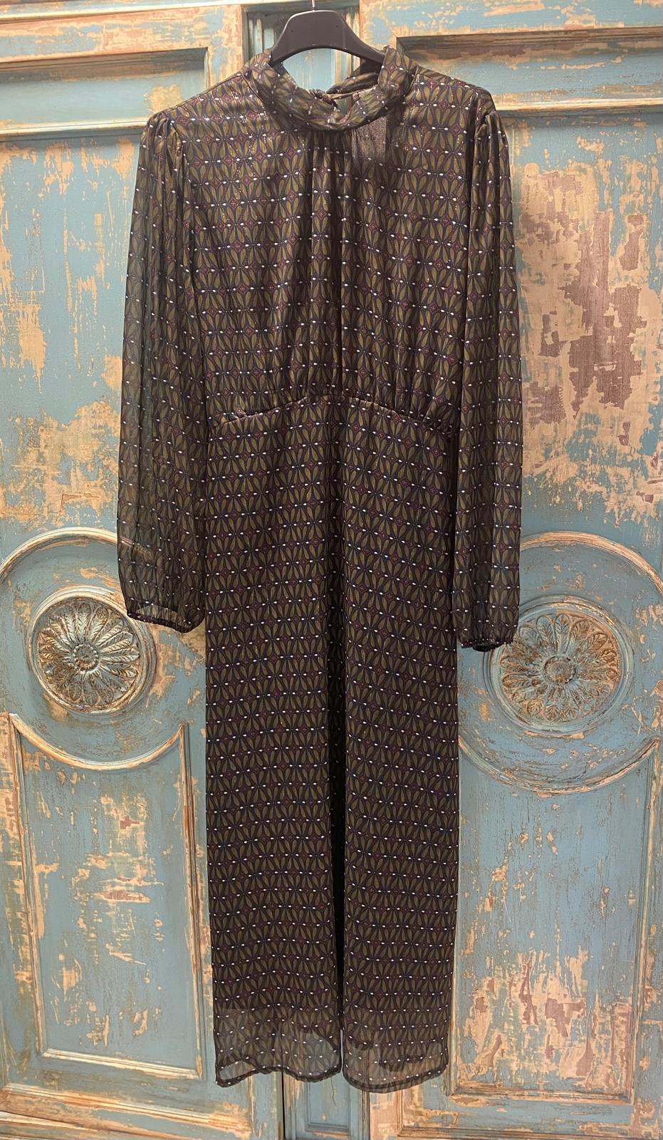 Vestido gasa en kaki lúrex corte bajo pecho DONDOLA