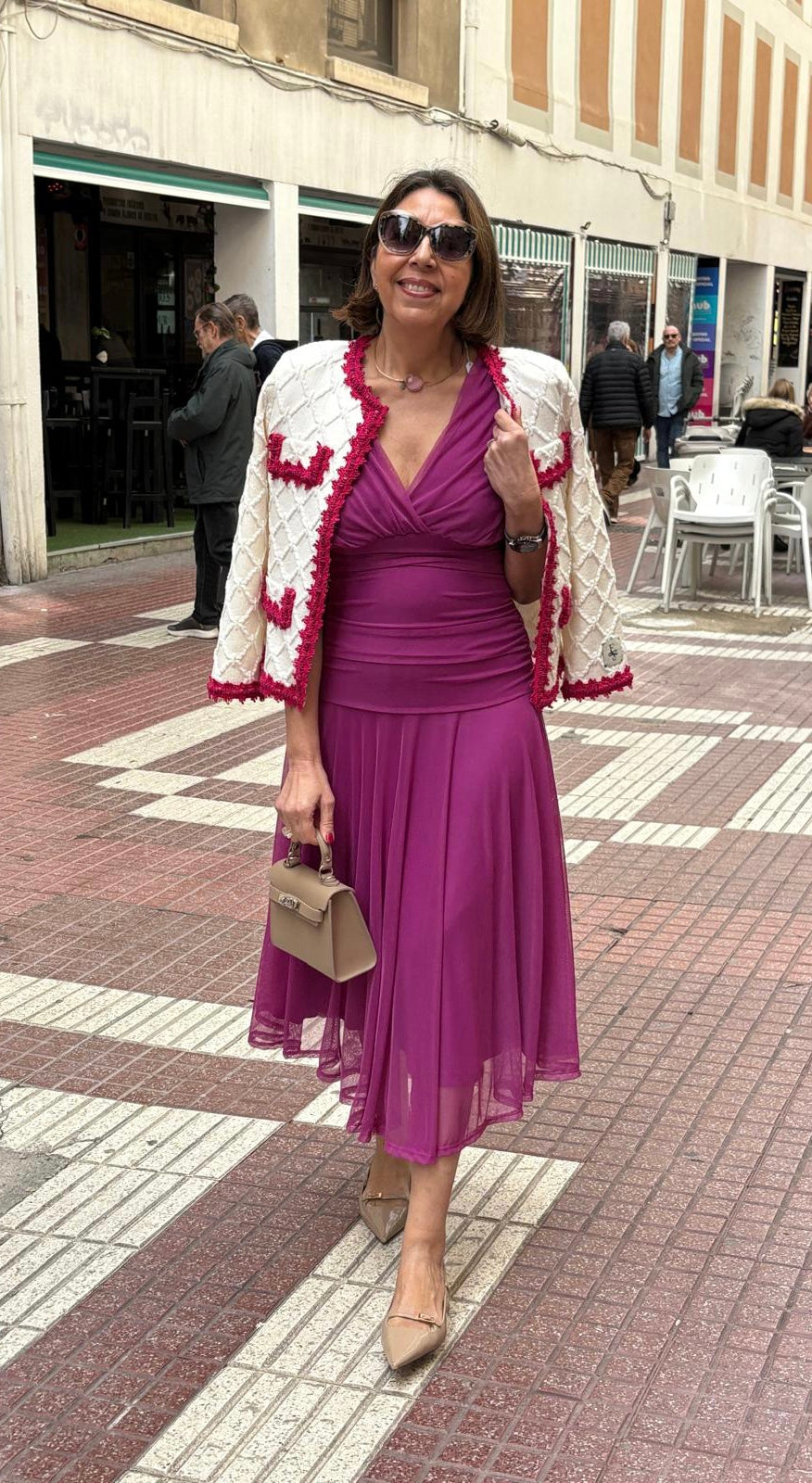 Vestido tul liso escote pico drapeado cintura DONDOLA