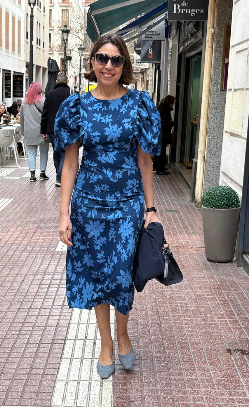 Vestido satinado floral mangas abullonadas DONDOLA