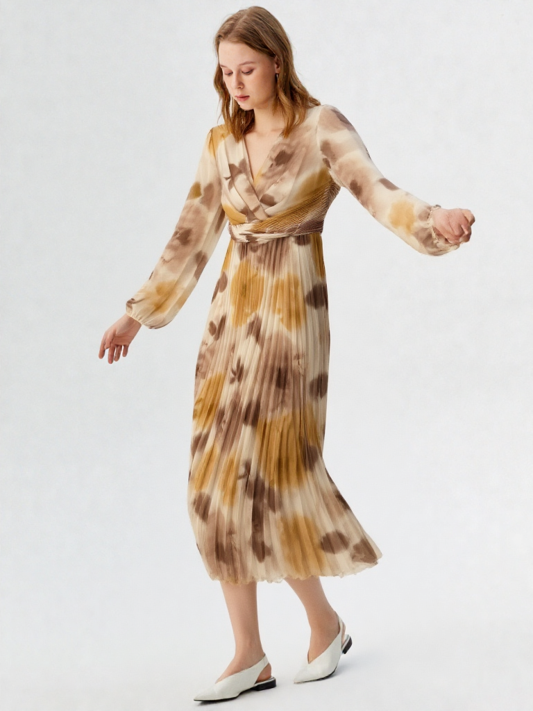 Vestido Largo Plisado Tie-Dye con Escote Cruzado