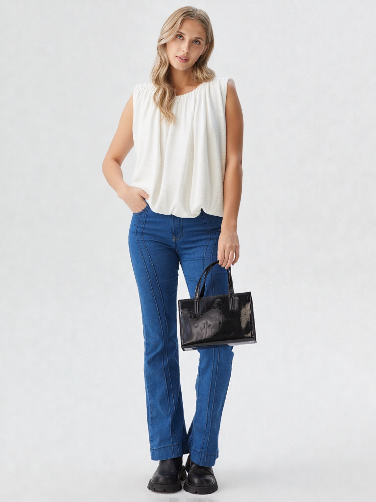Blusa Blanca Fruncida con Elástico en Cintura