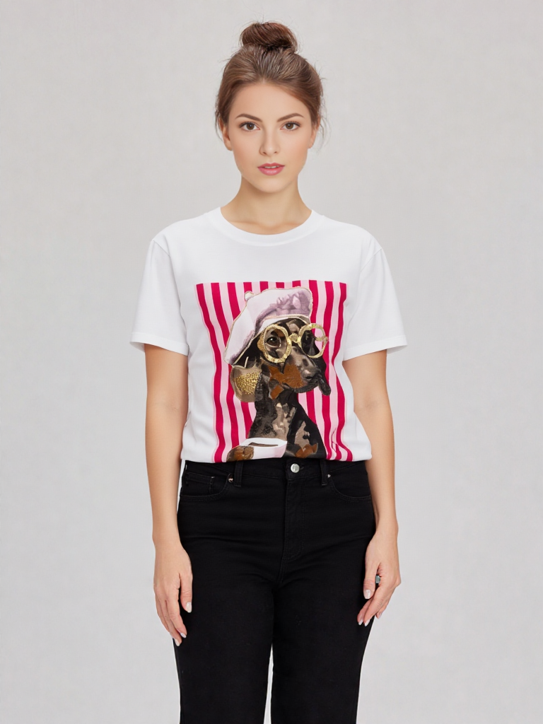 Camiseta Blanca con Estampado Dachshund Glam