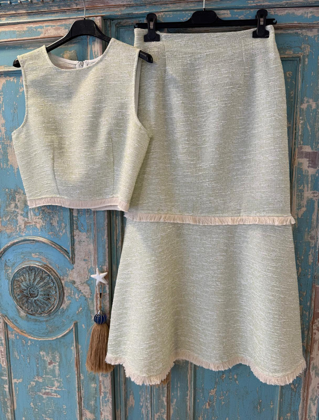 Conjunto top y falda verde tejido tweed algodón DONDOLA