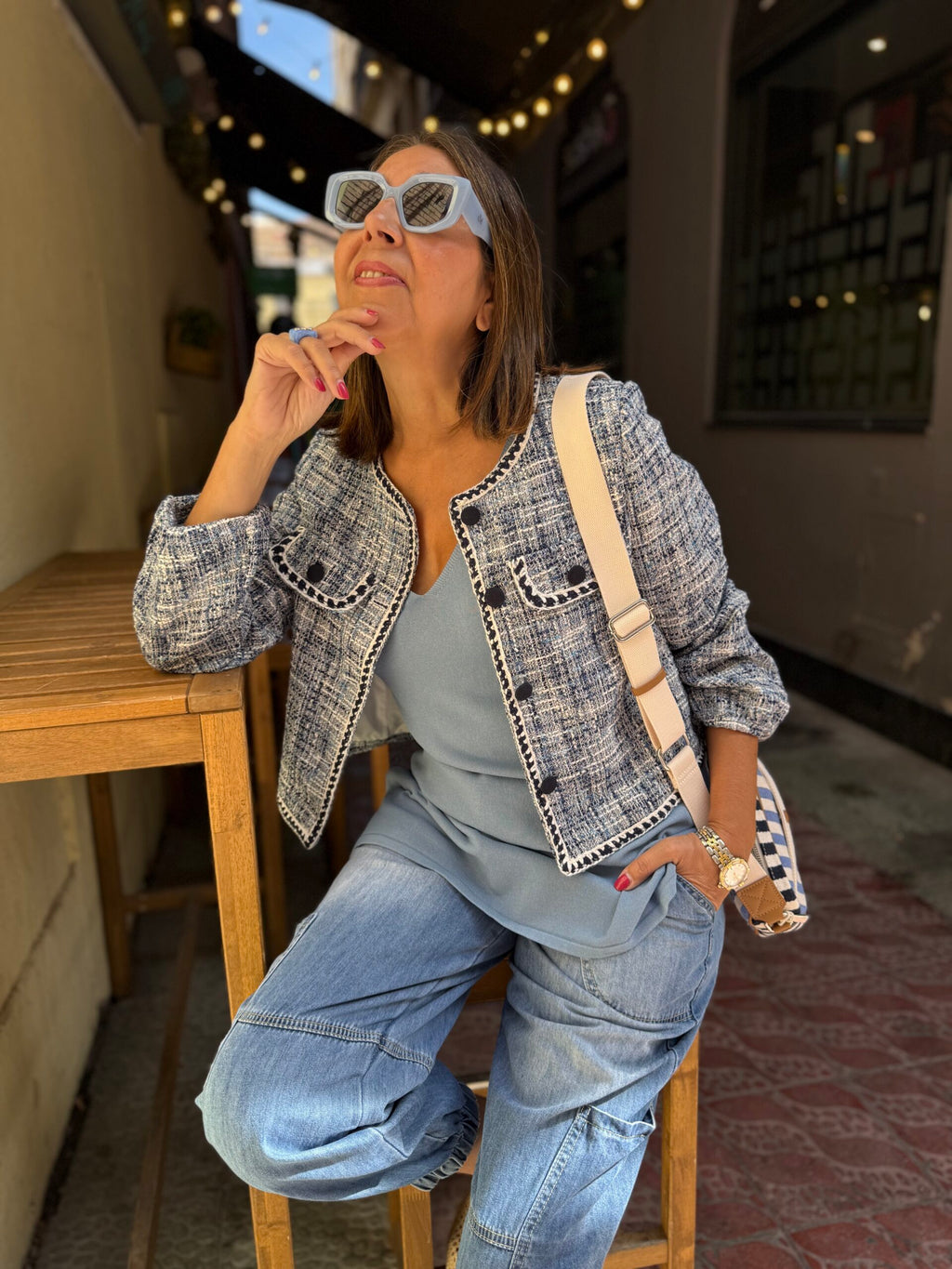 Chaqueta corta tweed tonos azules botones forrados DONDOLA