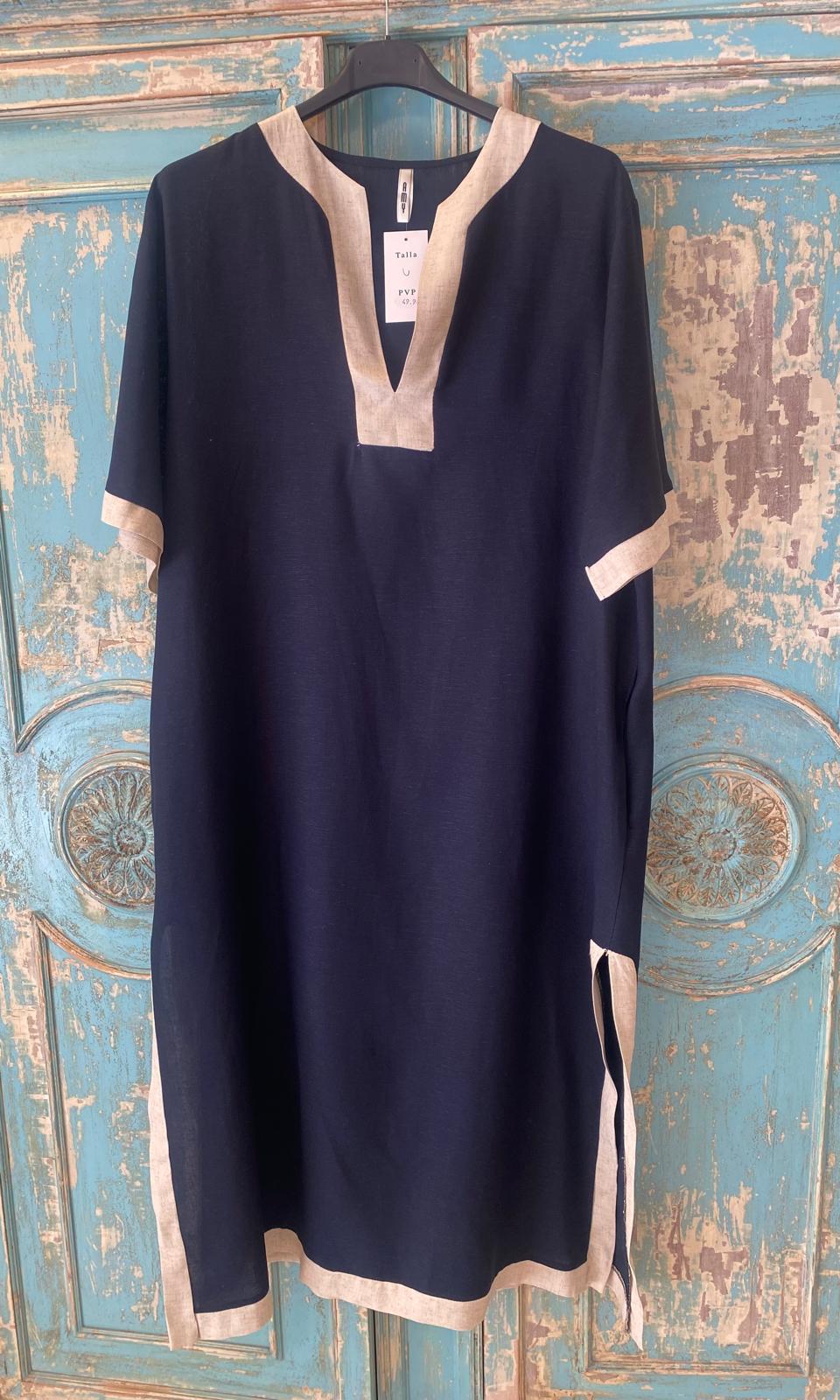 Vestido túnica escote pico combinado lino DONDOLA
