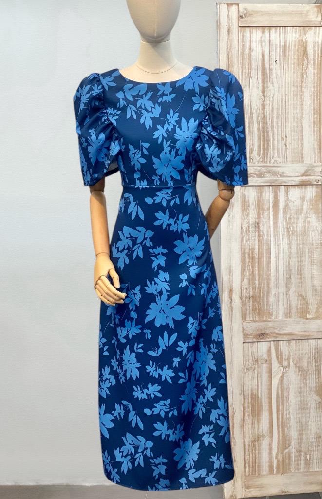 Vestido satinado floral mangas abullonadas DONDOLA