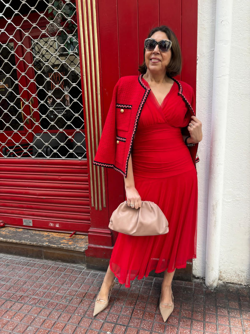 Vestido tul liso escote pico drapeado cintura DONDOLA