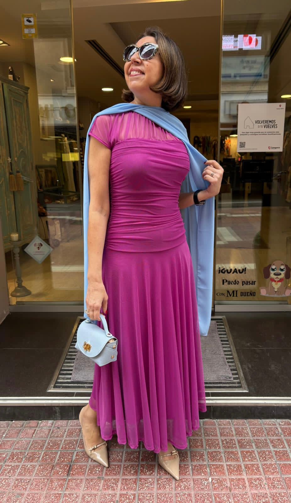 Vestido tul liso escote transparente drapeado cintura DONDOLA