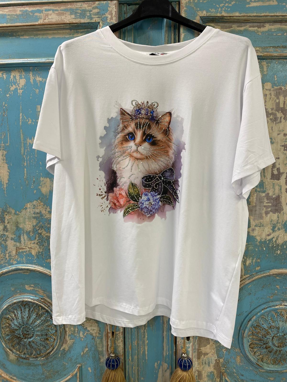 Camiseta blanca algodón gato brillos DONDOLA