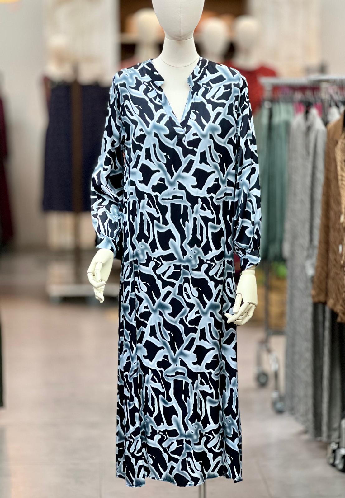 Vestido túnica satinado escote pico trazos DONDOLA