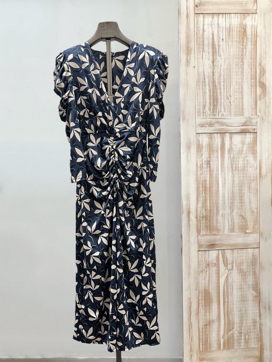 Vestido seda fría marino hojas drapeado cintura DONDOLA