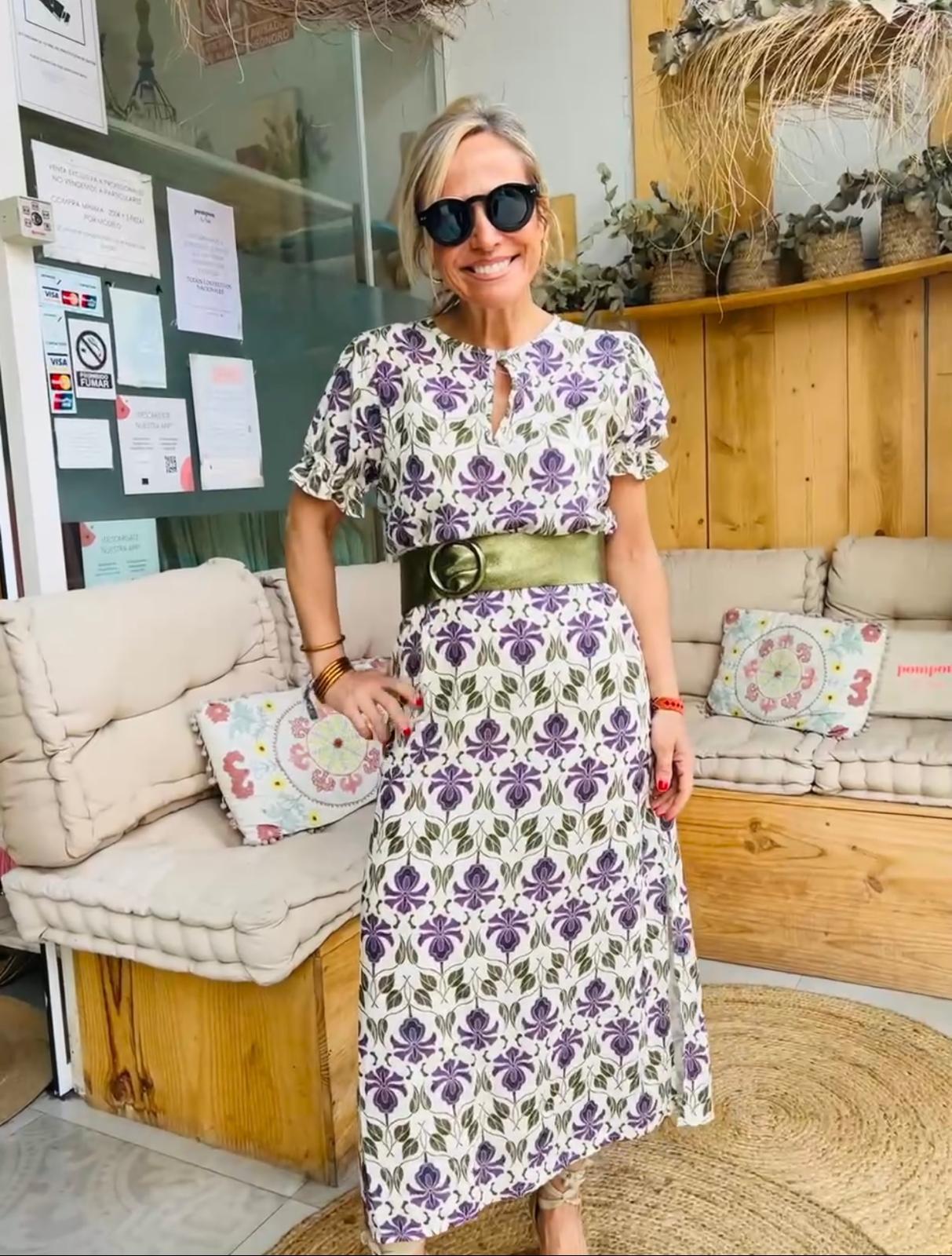 Vestido print hojas manga acabada en volante DONDOLA