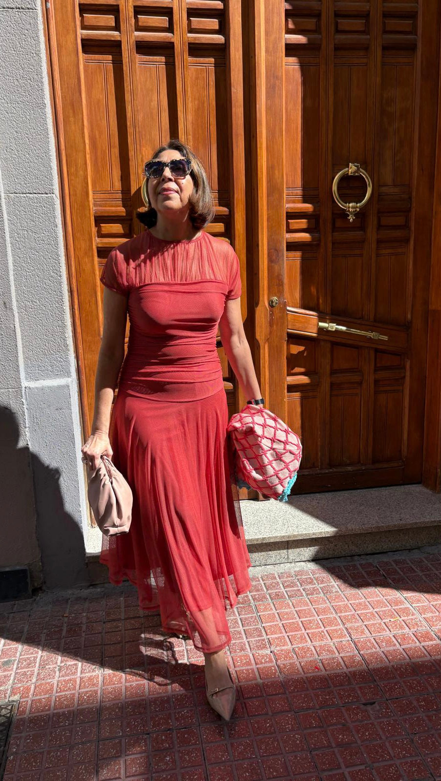 Vestido tul liso escote transparente drapeado cintura DONDOLA