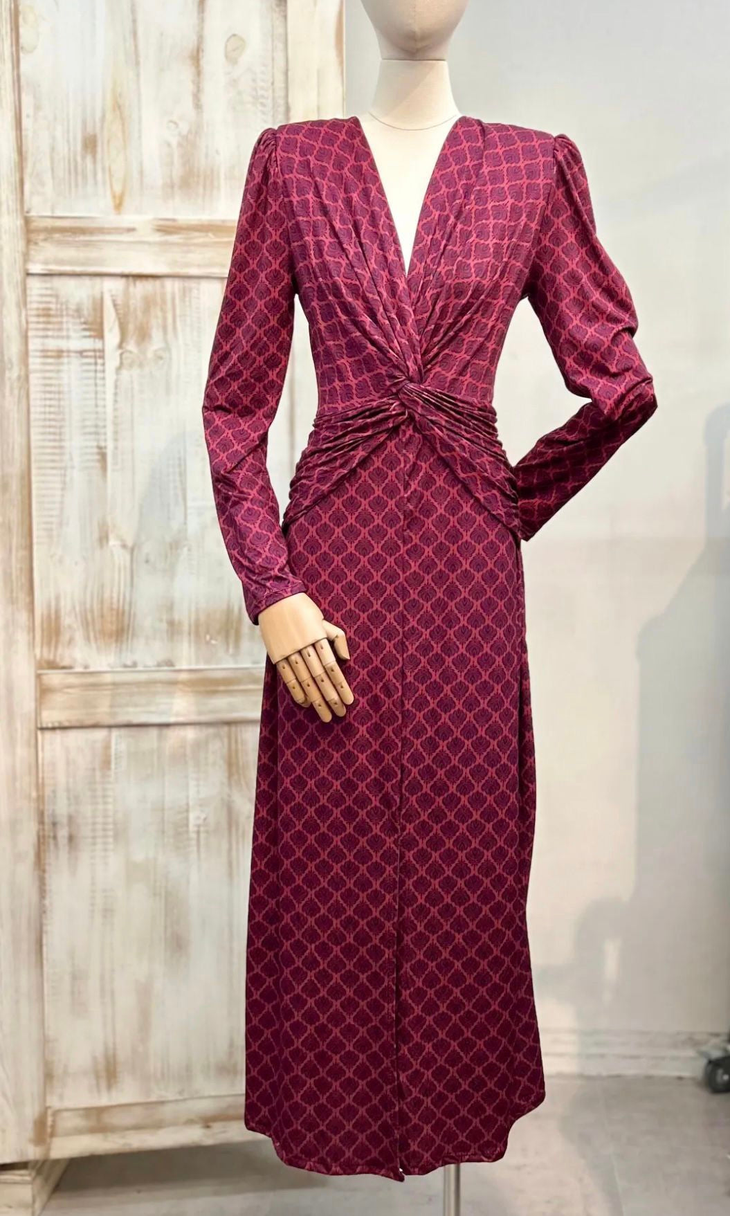 Vestido punto seda burdeos estampado retro DONDOLA