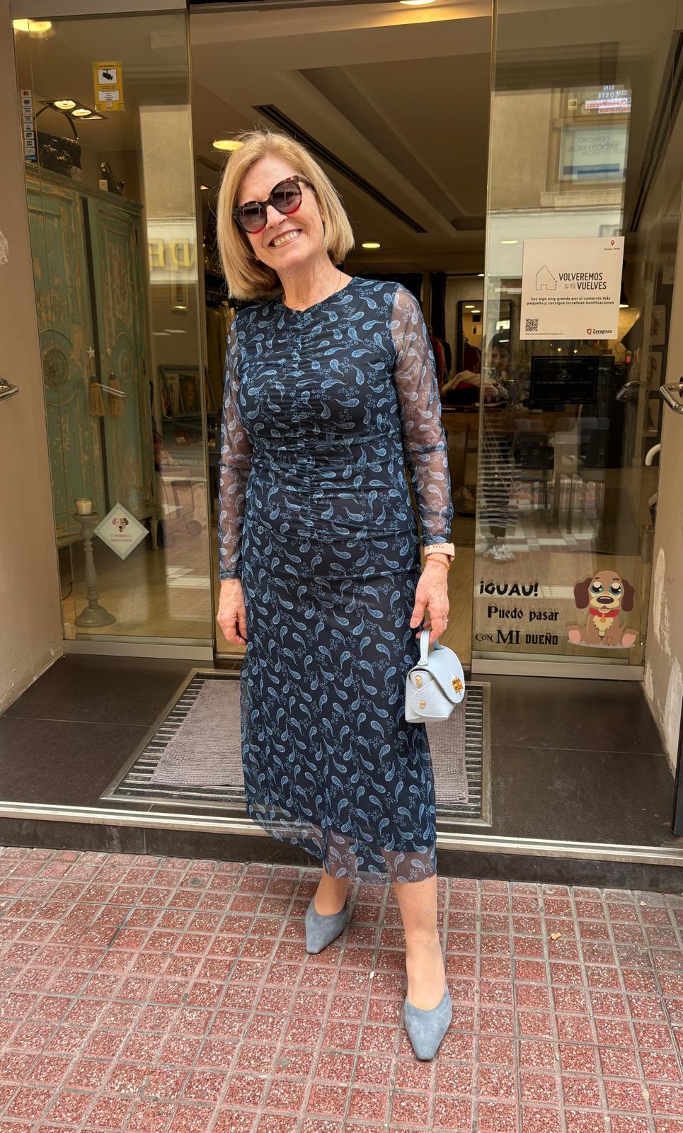 Vestido tul drapeado azul estampado paisley DONDOLA