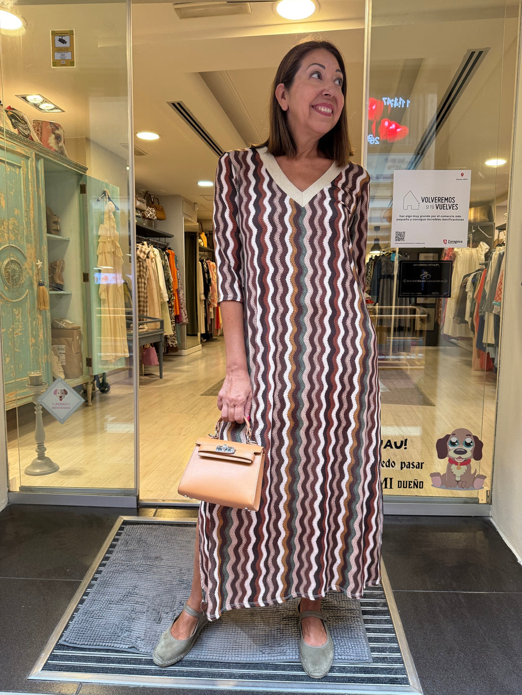 Vestido punto seda zig zag escote pico lúrex DONDOLA