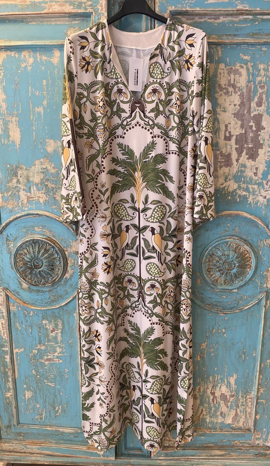 Vestido/kaftan punto seda fría estampado palmeras DONDOLA