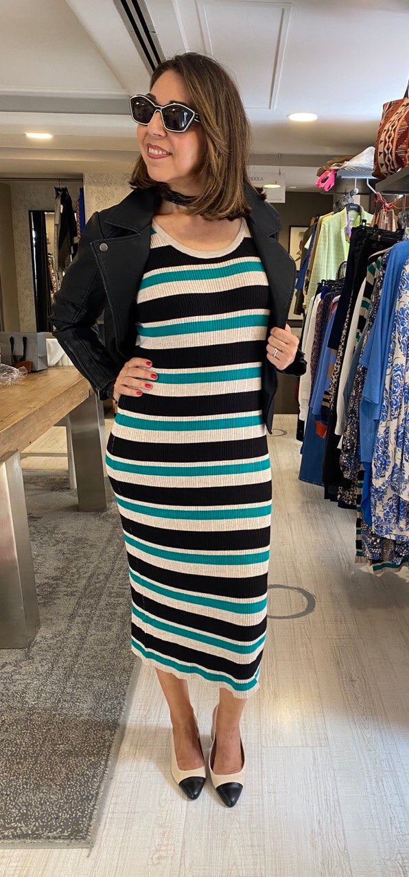 Vestido punto rayas combinadas verde negro “IHMAFA” ICHI