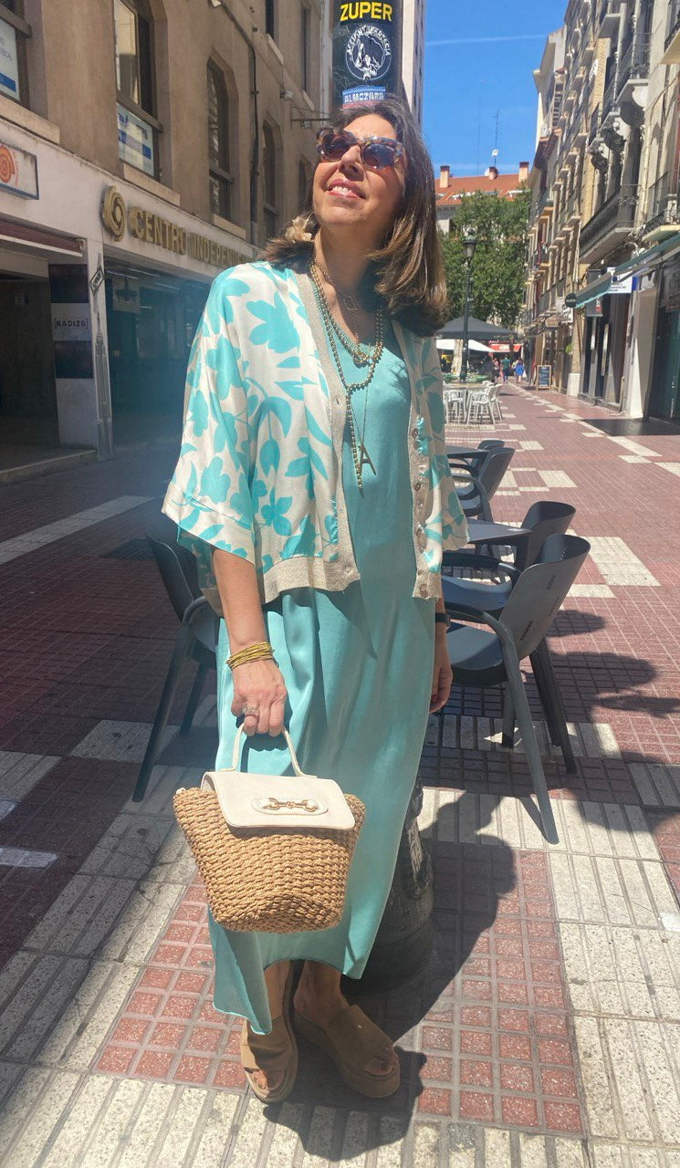 Vestido largo satinado cuello lúrex DONDOLA