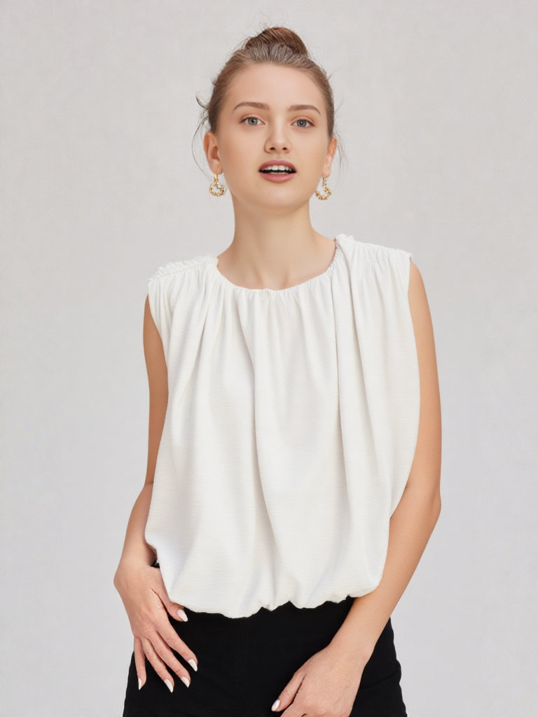 Blusa Blanca Fruncida con Elástico en Cintura