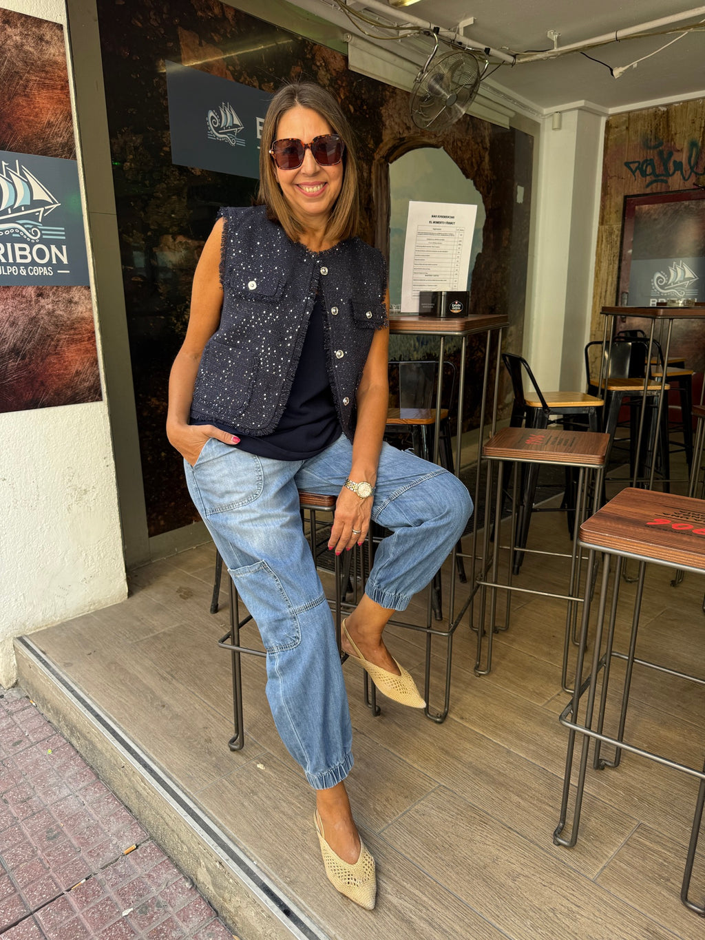 Chaleco tweed marino lentejuelas DONDOLA