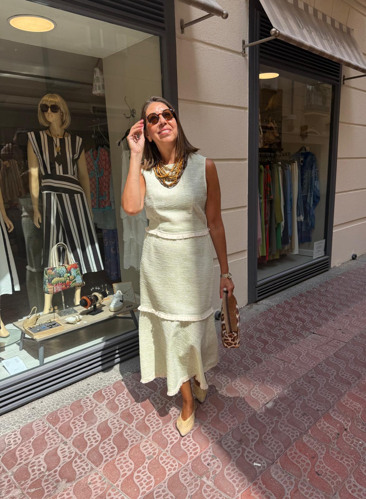 Conjunto top y falda verde tejido tweed algodón DONDOLA