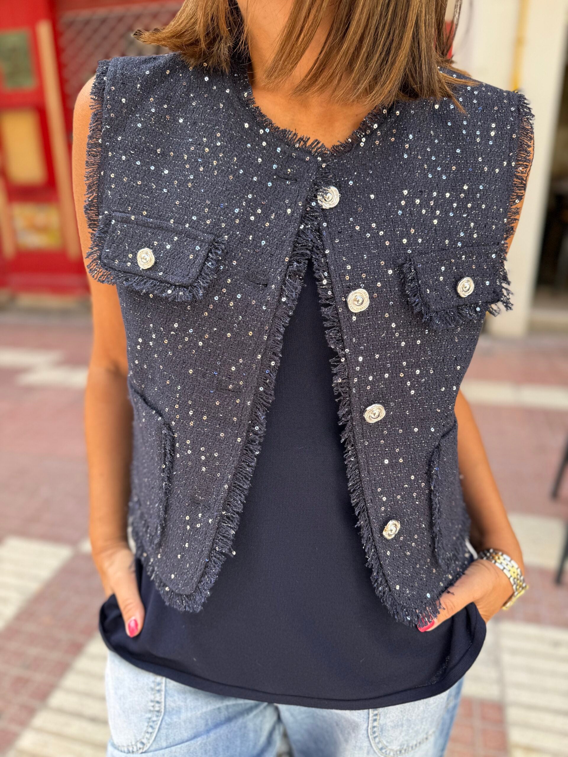 Chaleco tweed marino lentejuelas DONDOLA