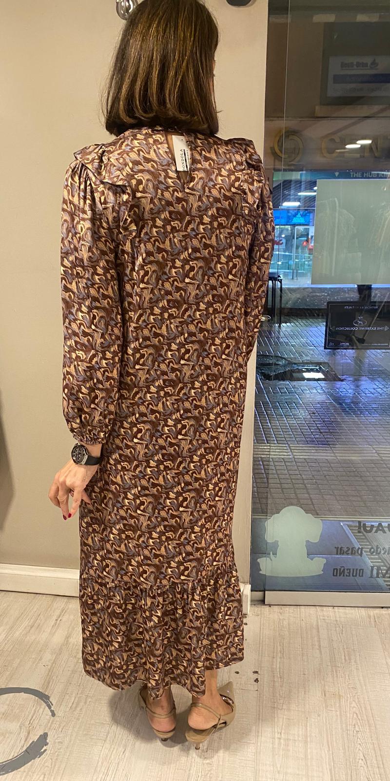 Vestido satinado tonos tierra volante frontal DONDOLA