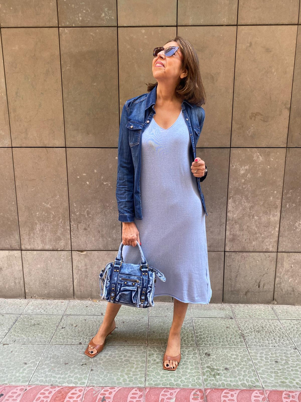 Vestido punto hilo tirante ancho azul celeste DONDOLA