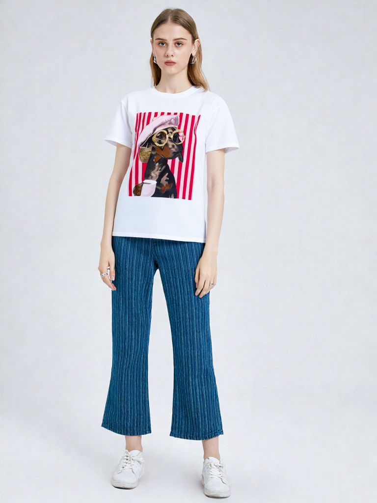 Camiseta Blanca con Estampado Dachshund Glam