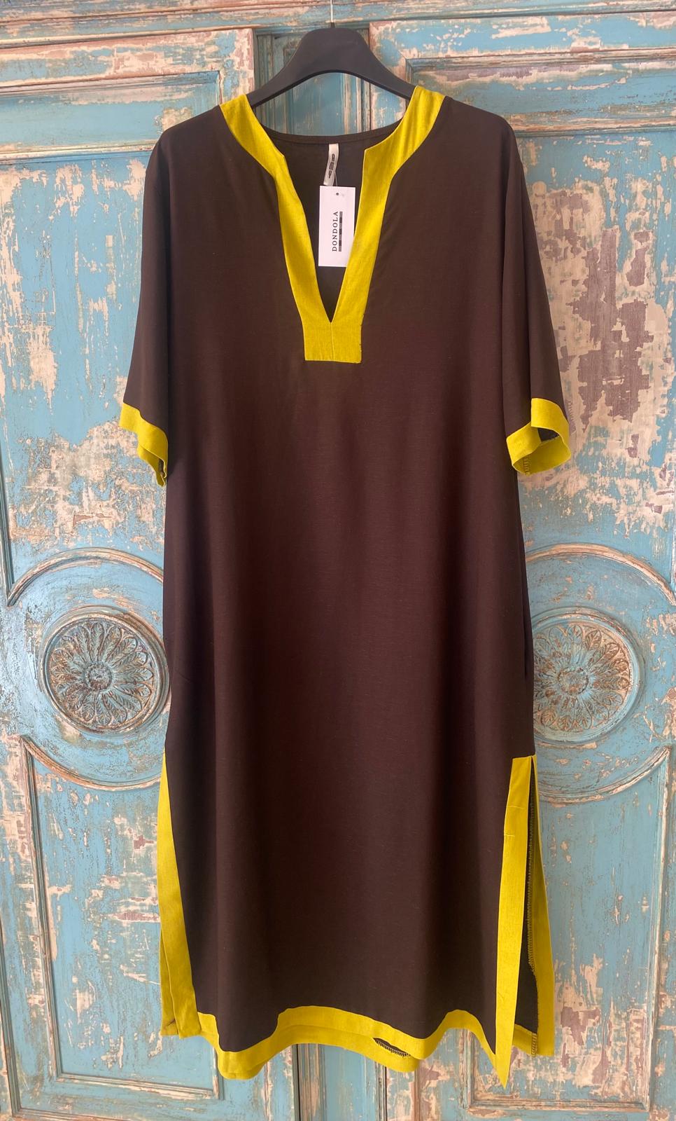 Vestido túnica escote pico combinado lino DONDOLA
