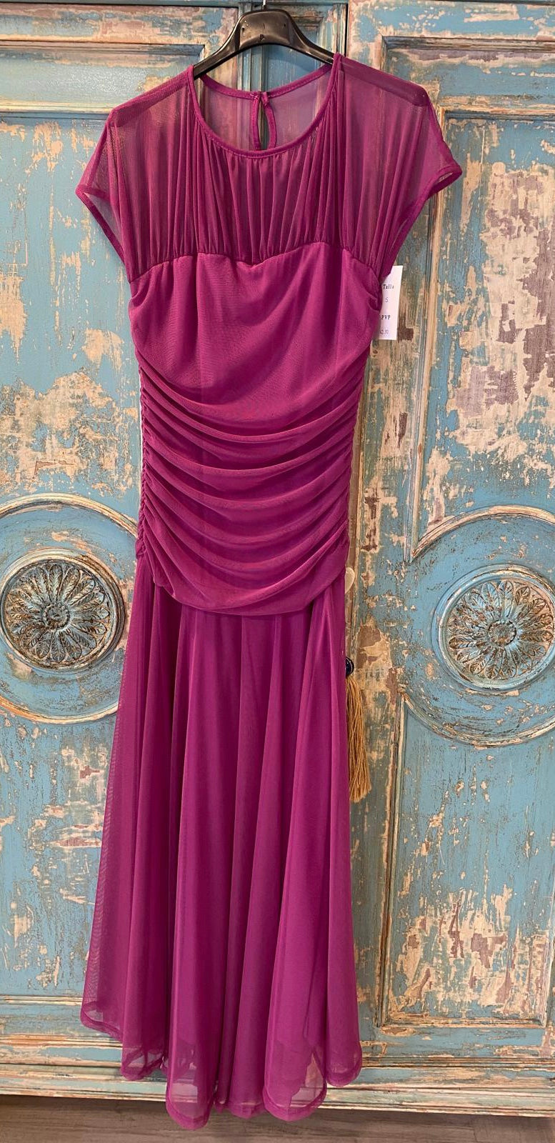 Vestido tul liso escote transparente drapeado cintura DONDOLA