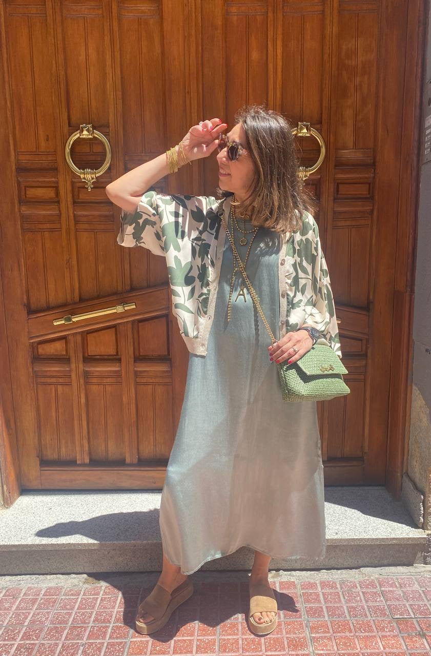 Vestido largo satinado cuello lúrex DONDOLA