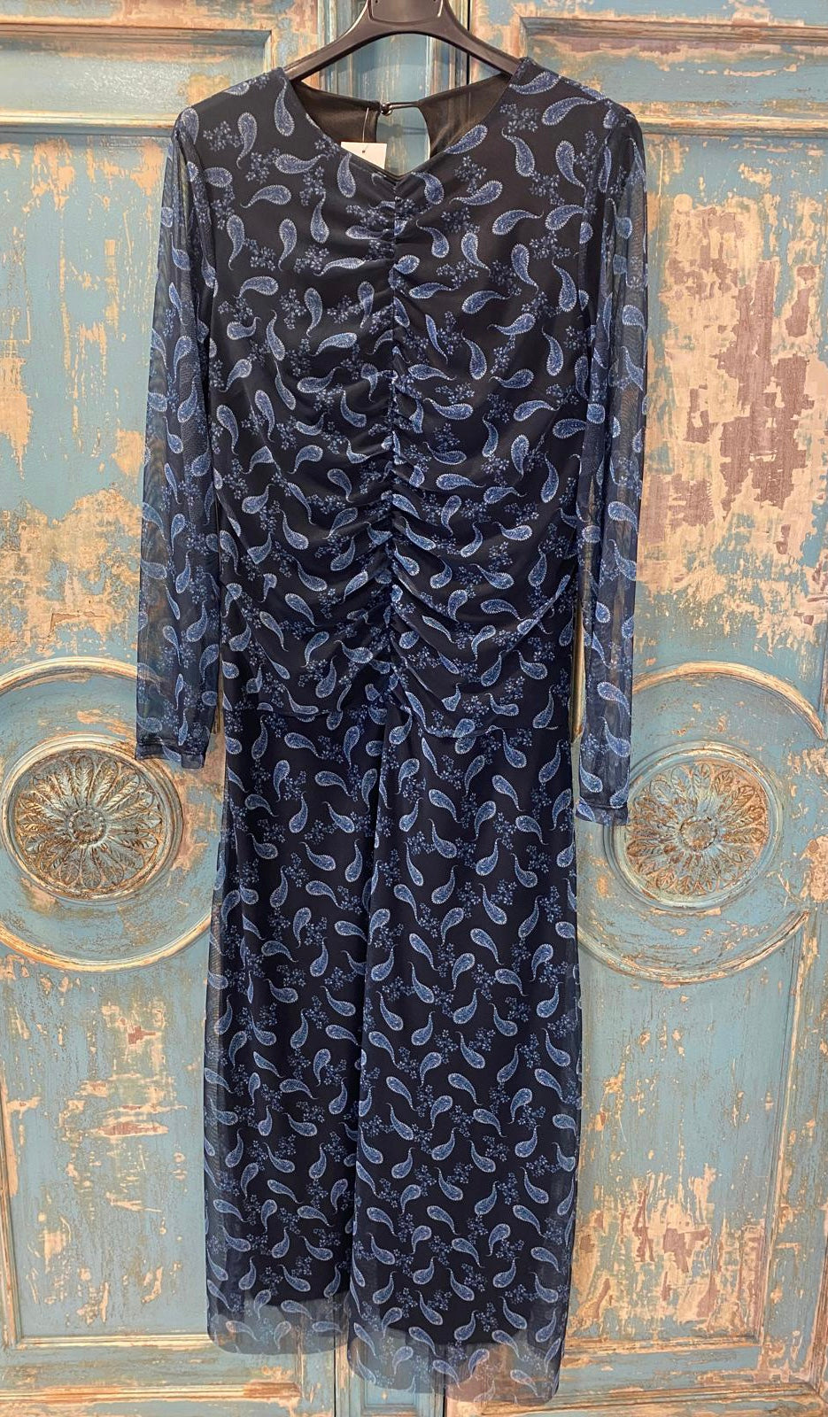 Vestido tul drapeado azul estampado paisley DONDOLA