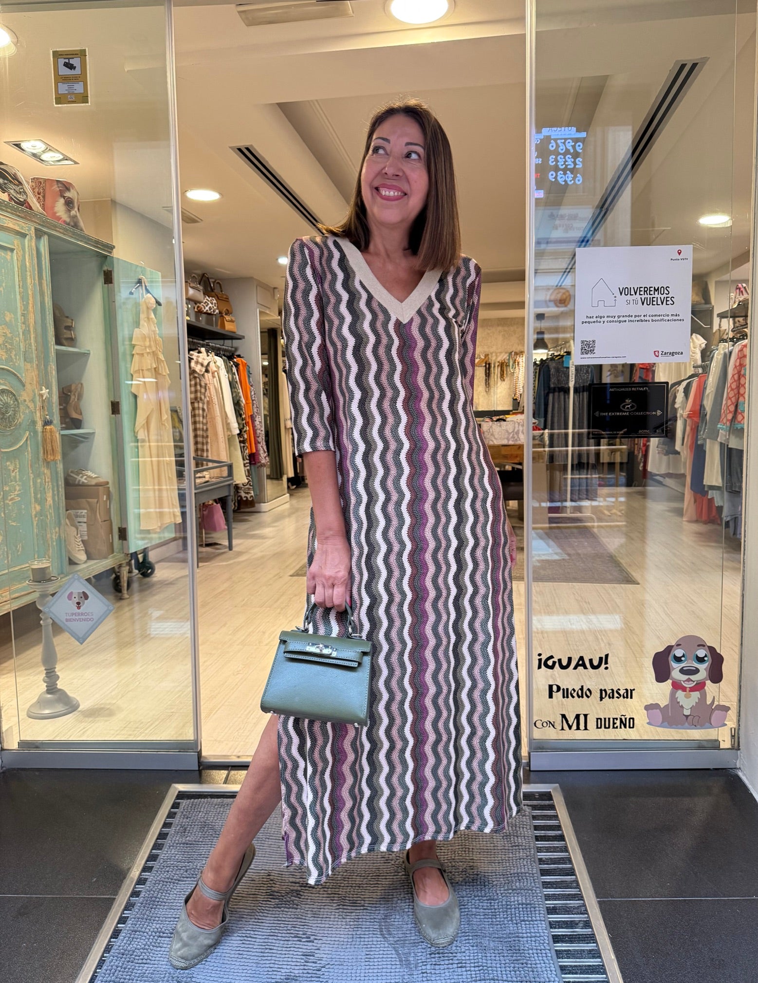 Vestido punto seda zig zag escote pico lúrex DONDOLA