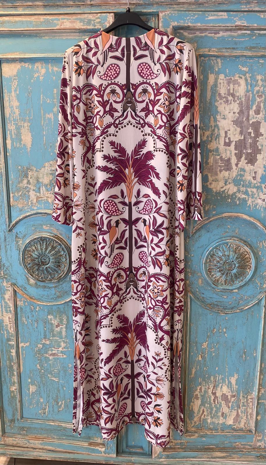 Vestido/kaftan punto seda fría estampado palmeras DONDOLA