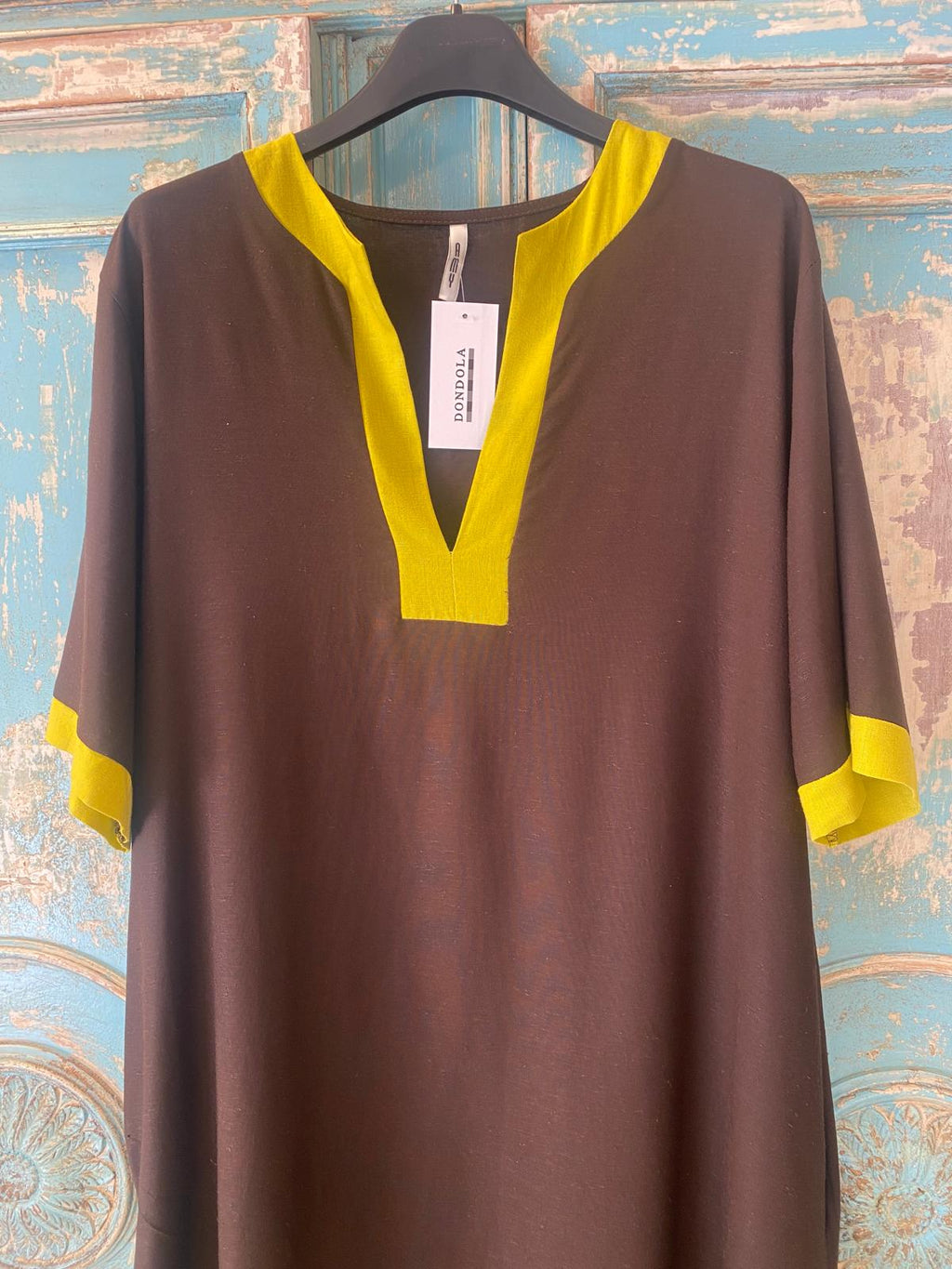 Vestido túnica escote pico combinado lino DONDOLA