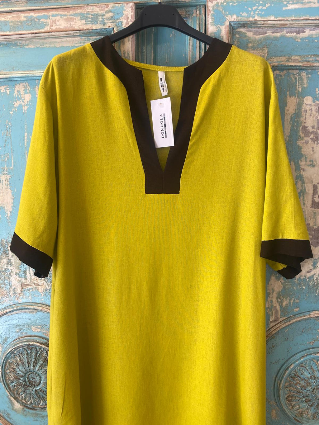 Vestido túnica escote pico combinado lino DONDOLA