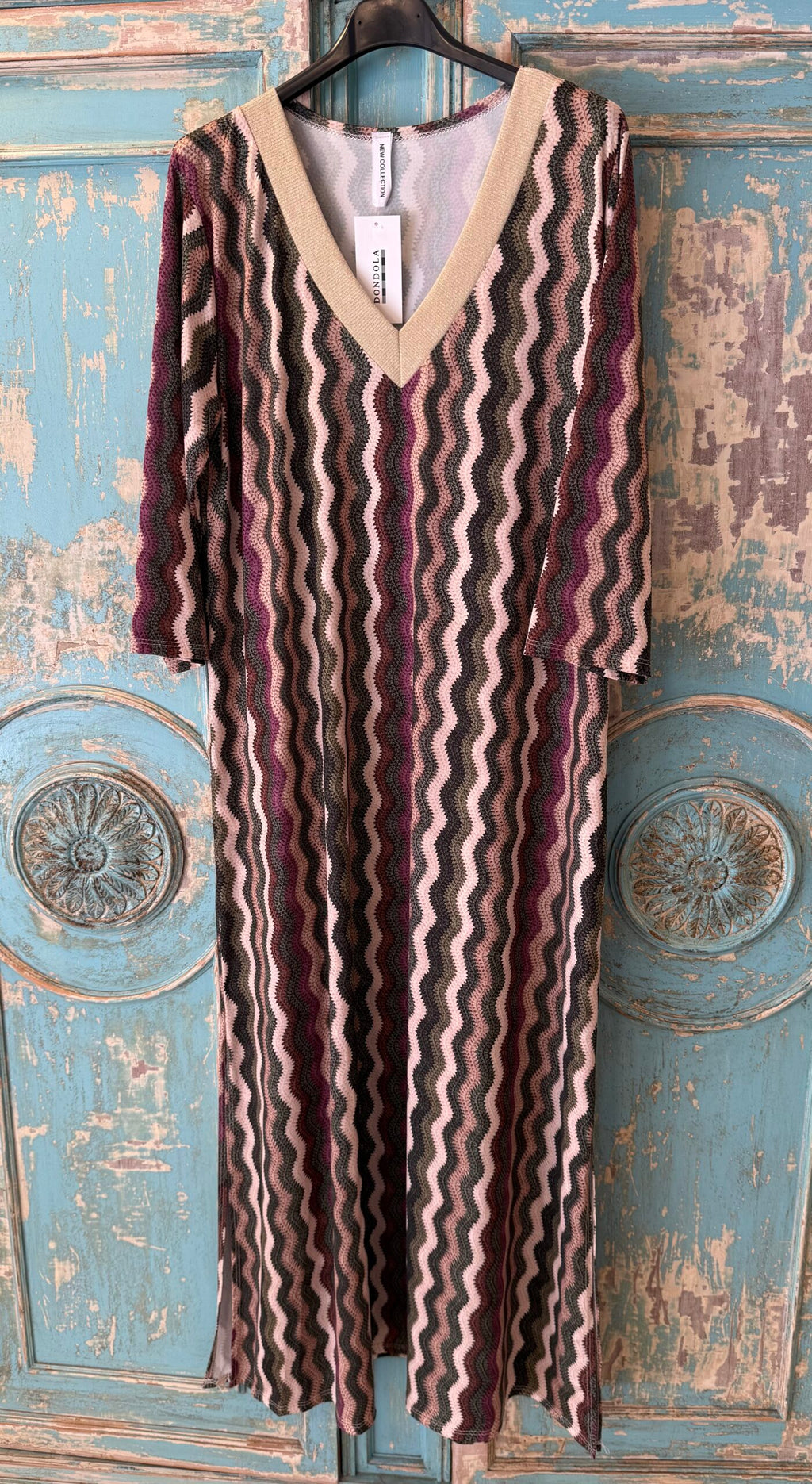 Vestido punto seda zig zag escote pico lúrex DONDOLA