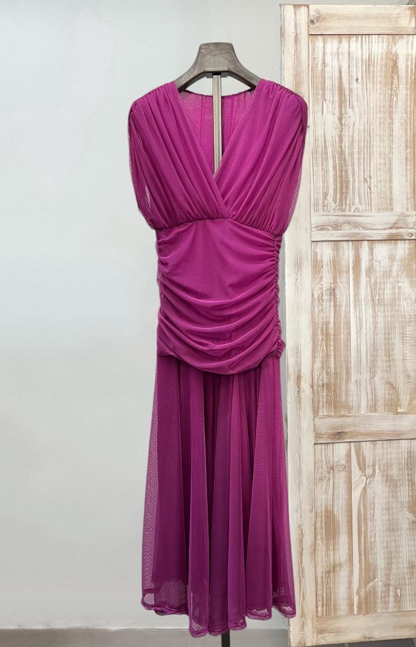 Vestido tul liso escote pico drapeado cintura DONDOLA