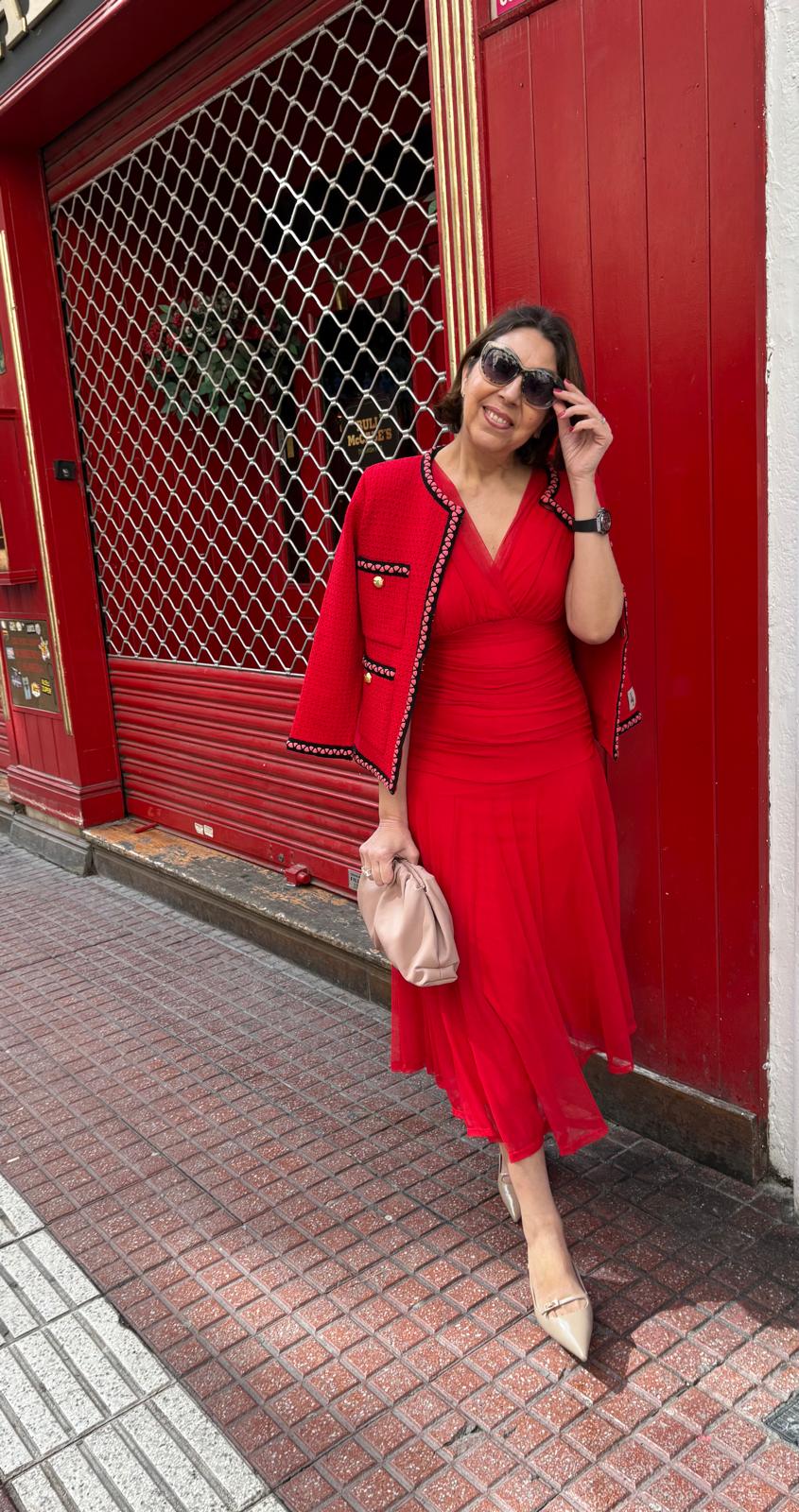 Vestido tul liso escote pico drapeado cintura DONDOLA