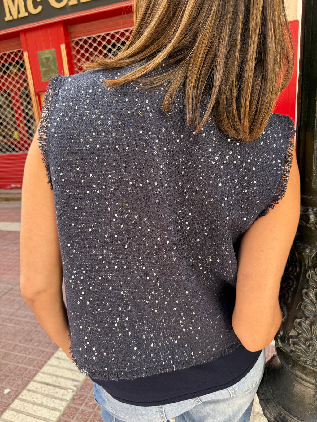 Chaleco tweed marino lentejuelas DONDOLA