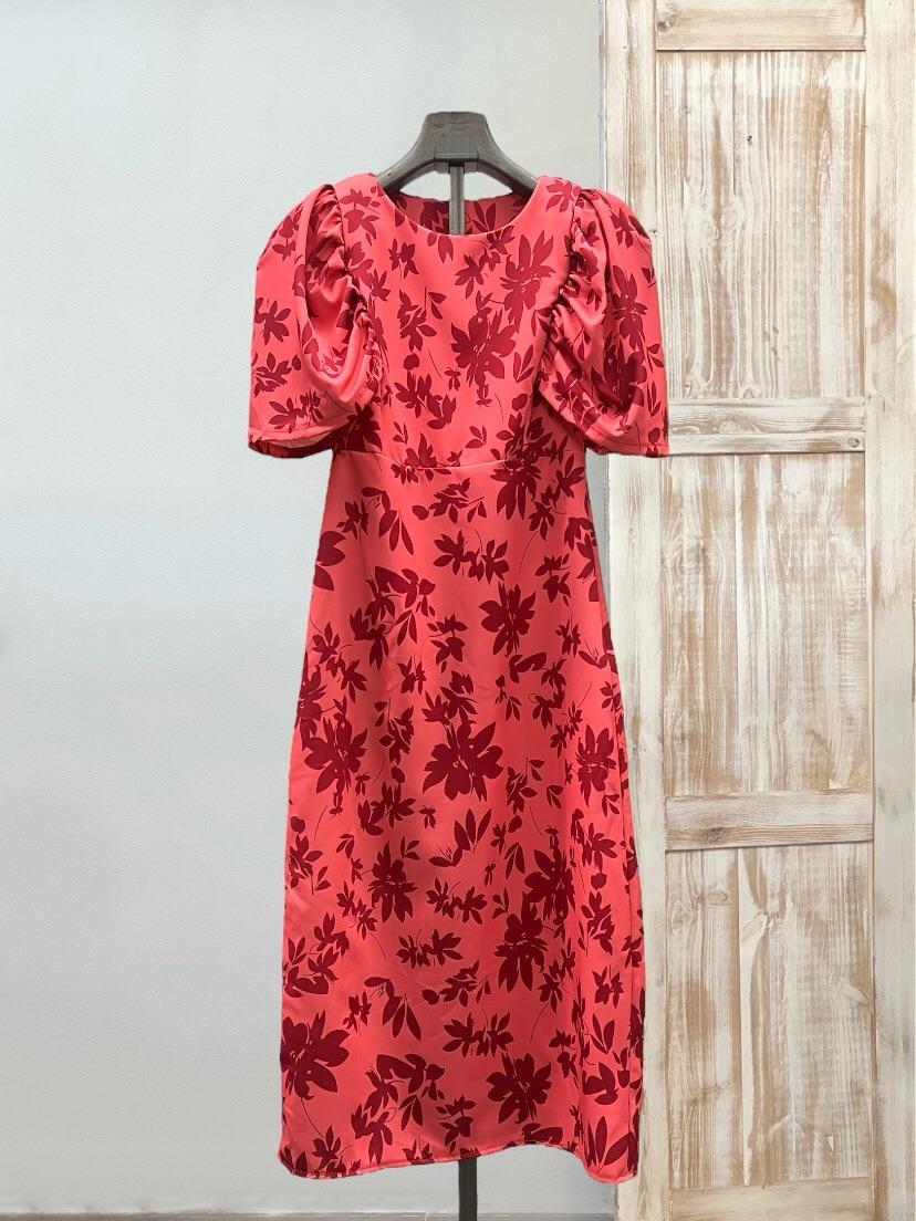 Vestido satinado floral mangas abullonadas DONDOLA