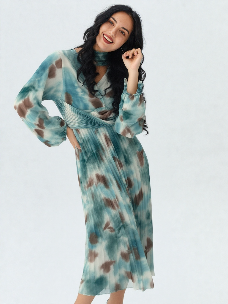 Vestido Largo Plisado Tie-Dye con Escote Cruzado